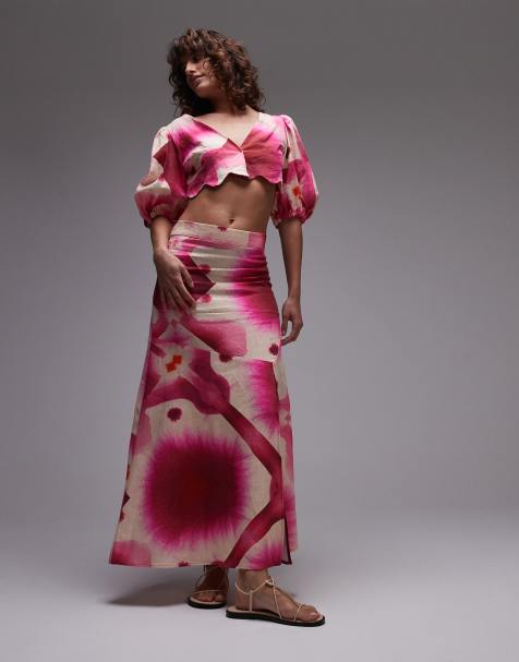 LAAGAM rose puff sleeve crop top with maxi skirt in pink co-ord - view 1