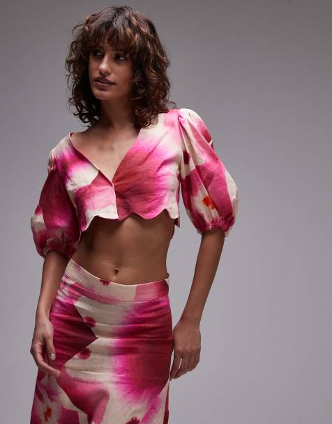 LAAGAM rose puff sleeve crop top with scallop edging in pink (part of a set) - view 1