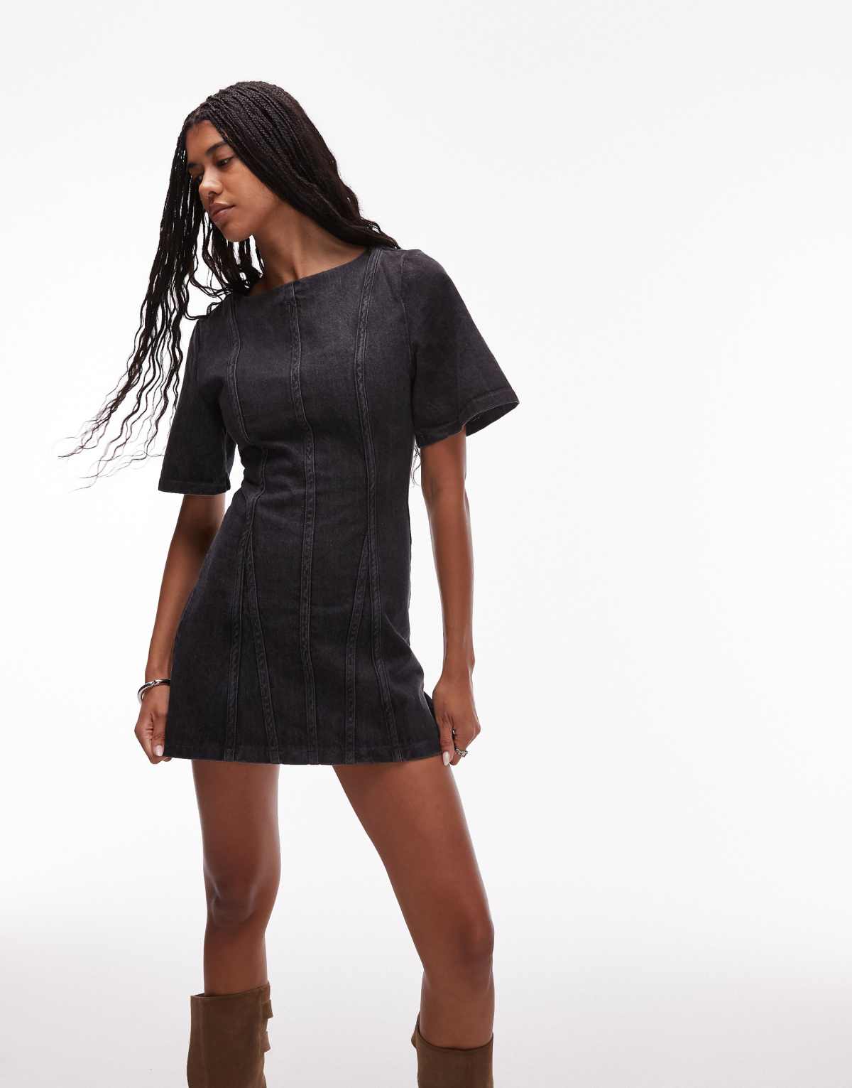 LAAGAM rosette a-line contrast seam mini dress in grey