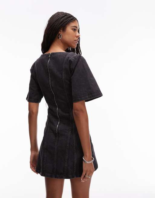 LAAGAM rosette a-line contrast seam mini dress in grey , 3 of 4