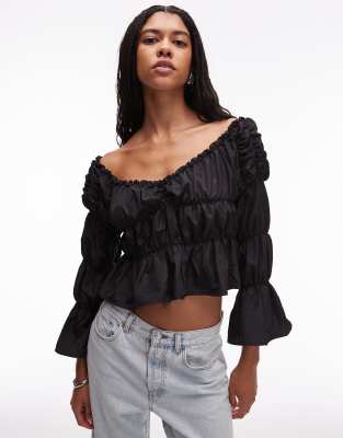 Laagam Sadie Linen Ruched Blouse In Black
