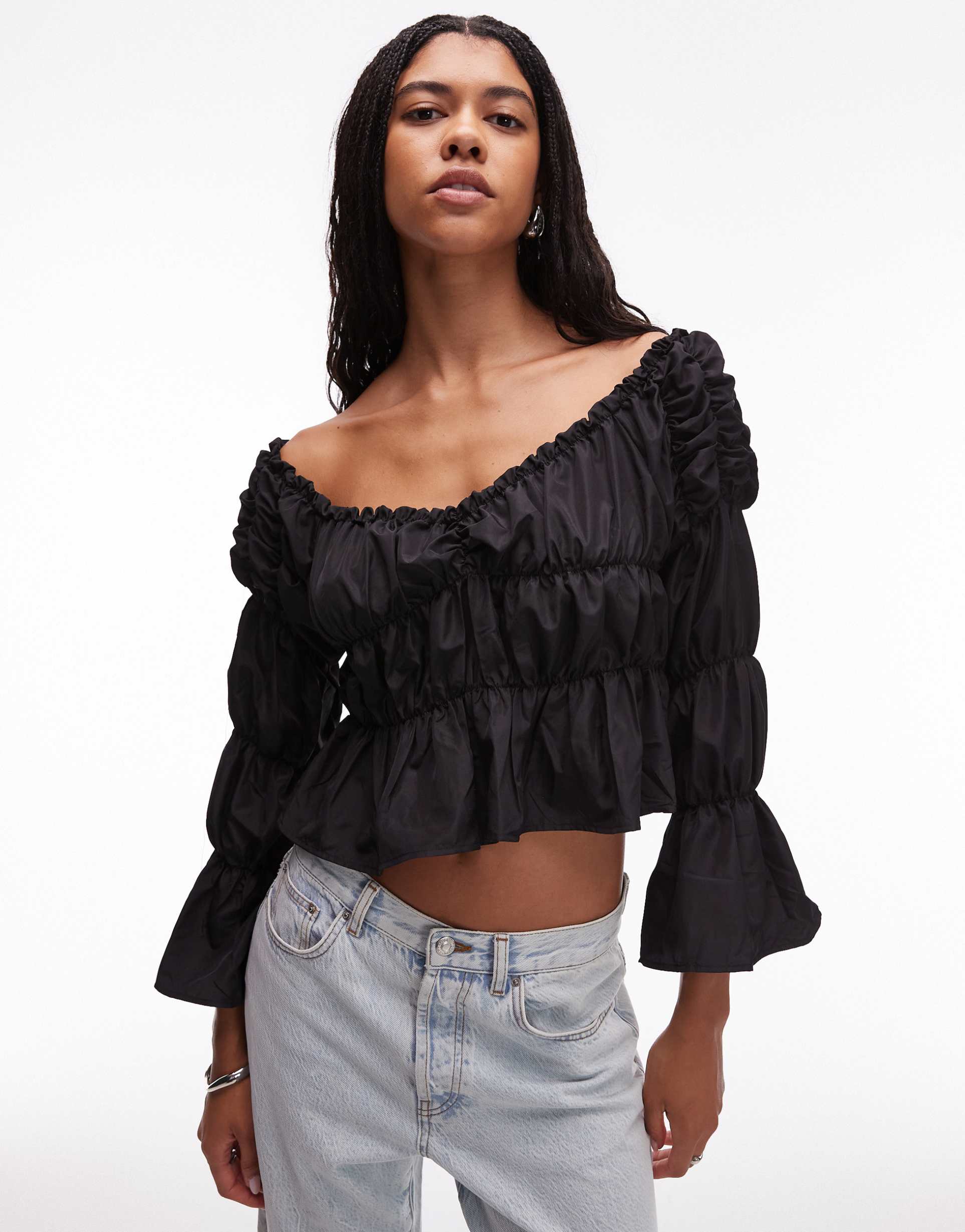 laagam sadie linen ruched blouse in black