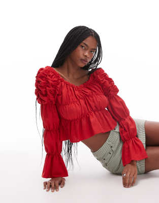 laagam sadie red linen ruched blouse in red