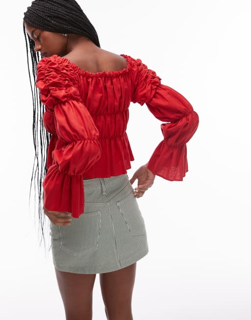 LAAGAM sadie red linen ruched blouse in red