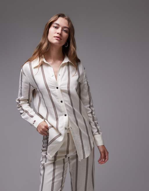 LAAGAM saga striped pleat shirt in brown (Part of a set)
