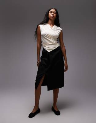 Laagam Selena Draped Stretch Bodice With Tailored Skirt Midi Dress In White