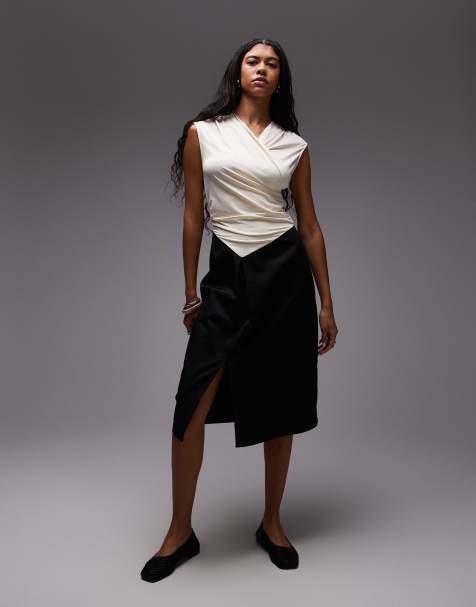 LAAGAM selena draped stretch bodice with tailored skirt midi dress in black and ecru - view 1