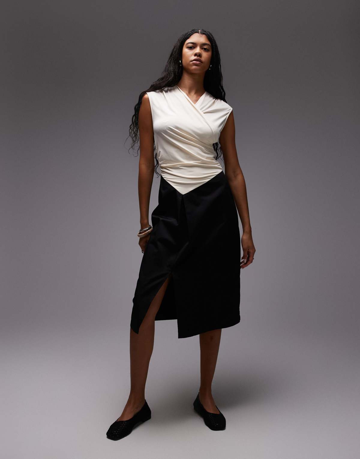 LAAGAM selena draped stretch bodice with tailored skirt midi dress in black and ecru