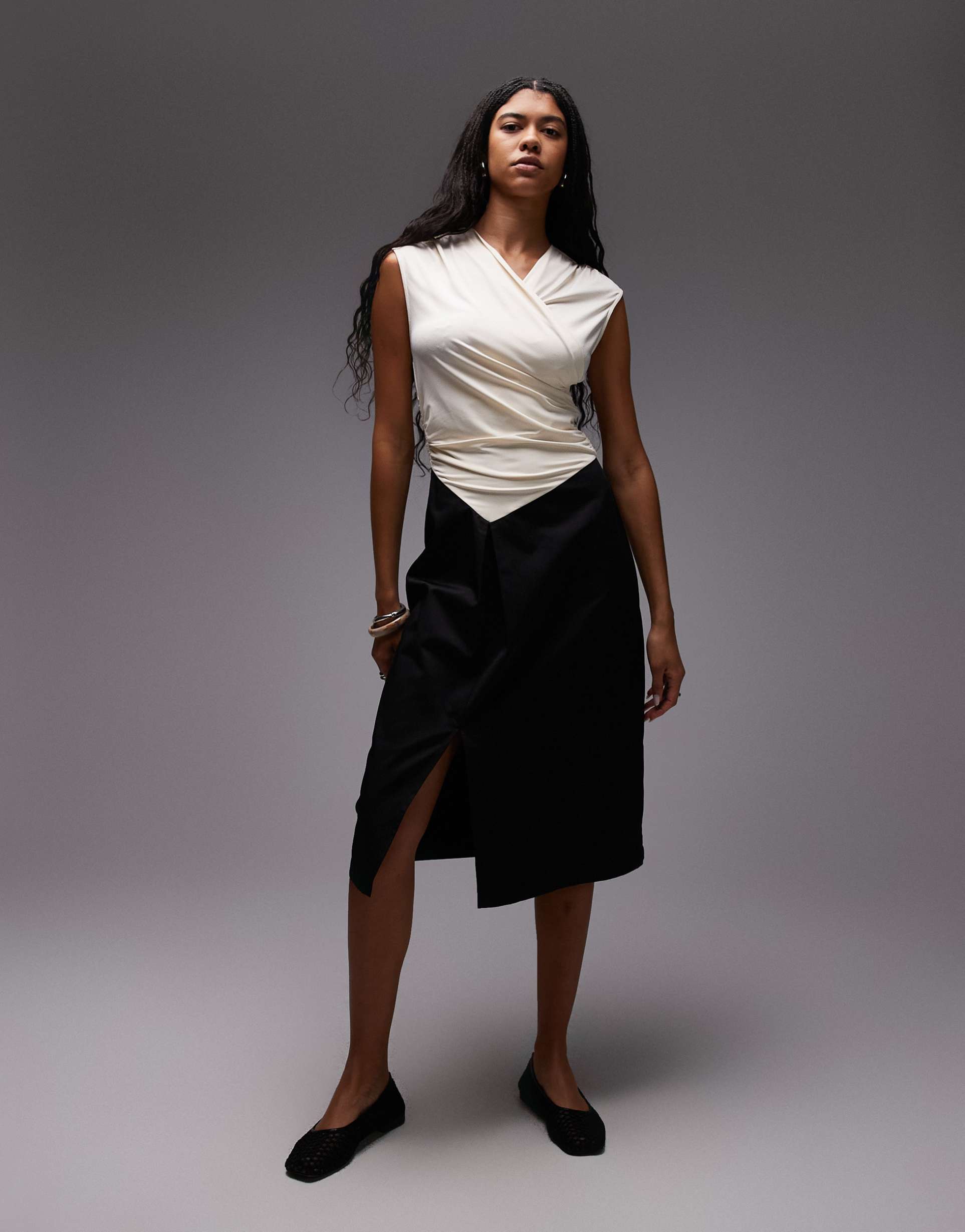 laagam selena draped stretch bodice with tailored skirt midi dress in black and ecru
