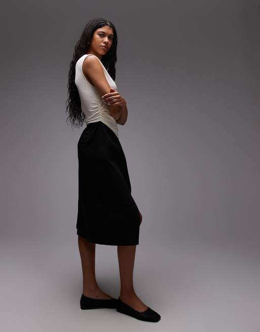 LAAGAM selena draped stretch bodice with tailored skirt midi dress in black and ecru, 2 of 4