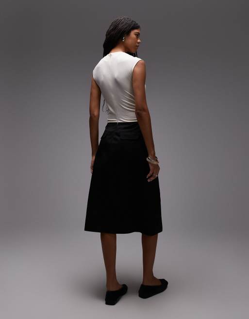 LAAGAM selena draped stretch bodice with tailored skirt midi dress in black and ecru, 4 of 4