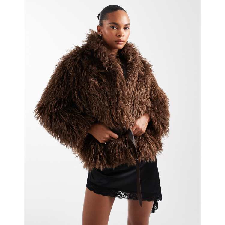 LAAGAM shearling reversible wrap coat in brown | ASOS