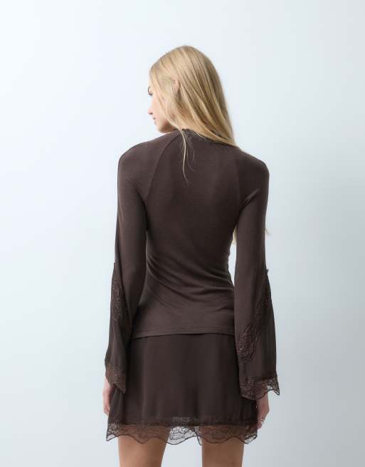 Laagam Siss knitted lace trim mini dress in brown, 3 of 4