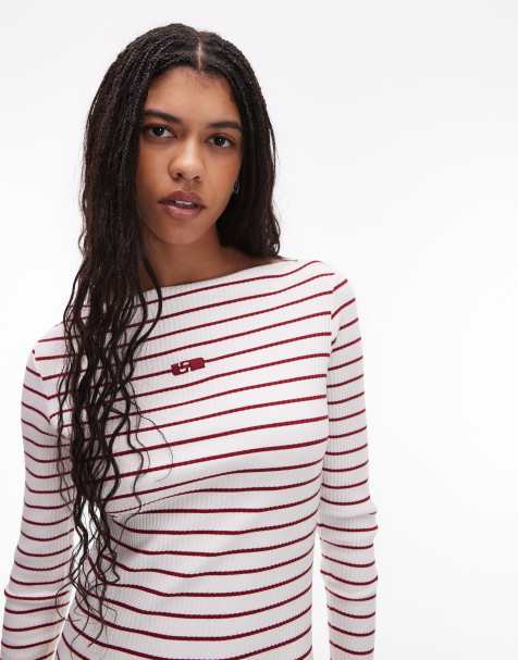 LAAGAM slash neck ribbed long sleeve top in red stripe - view 1