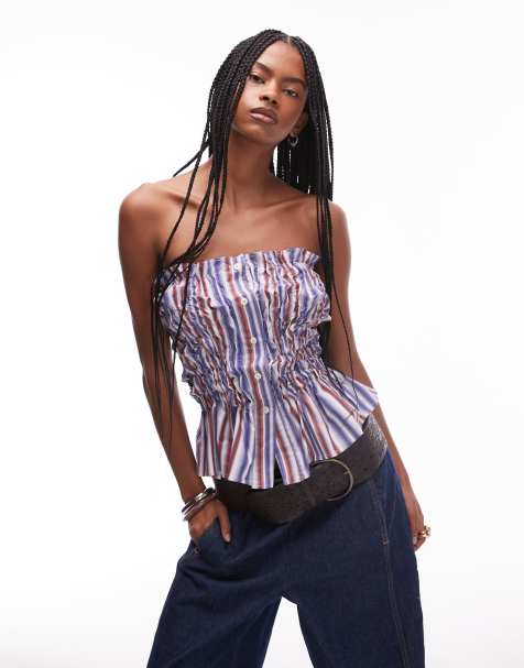 LAAGAM strapless stripe top with gathered front in multi stripe