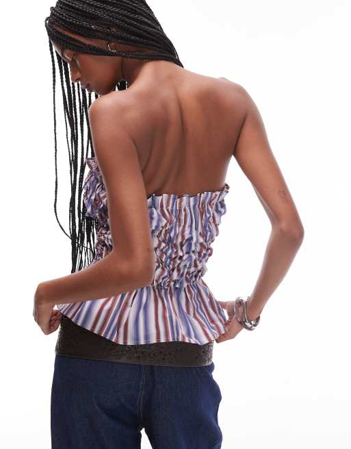 LAAGAM strapless stripe top with gathered front in multi stripe, 4 of 4