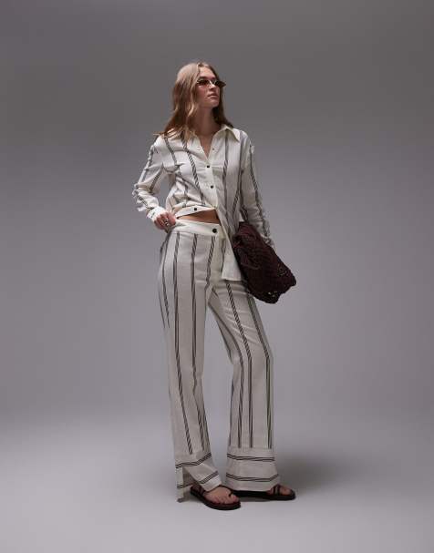 Laagam striped linen mix pants in brown - part of a set - view 1
