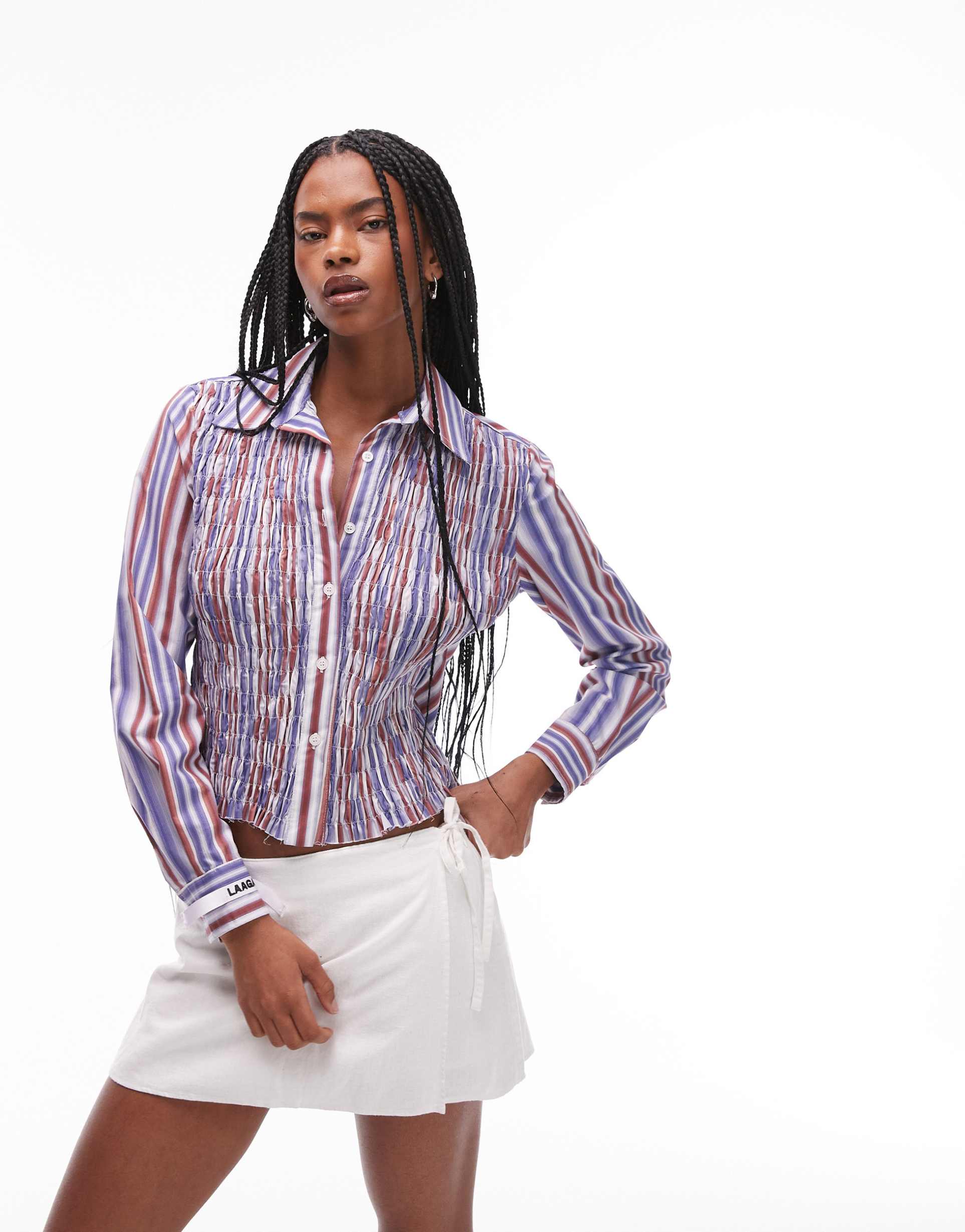 laagam striped ruched shirt in purple stripe