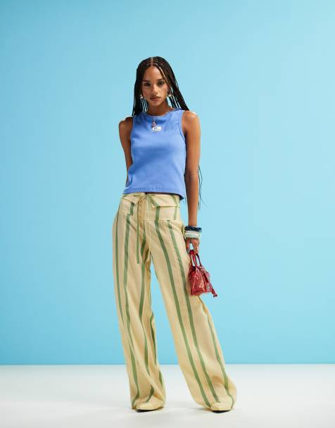 LAAGAM tashi straight flow trousers in yellow and green stripe 
