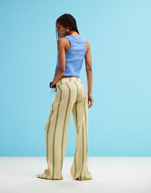 LAAGAM Tashi straight flow pants in yellow and green stripe 