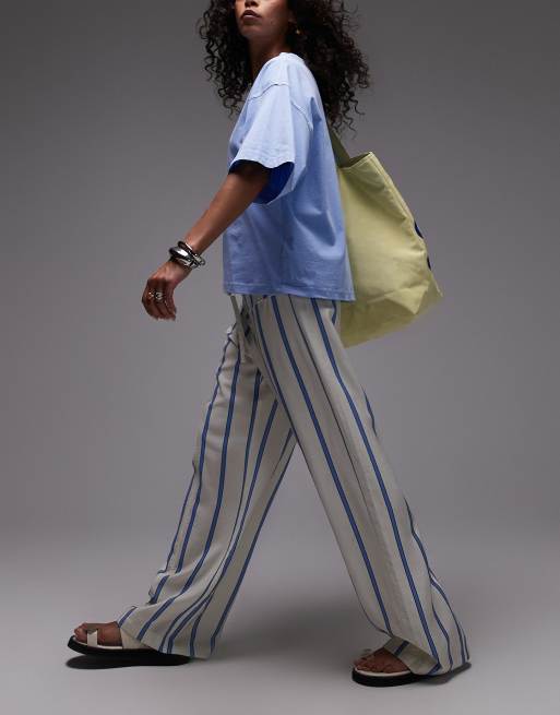 Laagam tashi striped flow pants in ecru and blue, 3 of 5