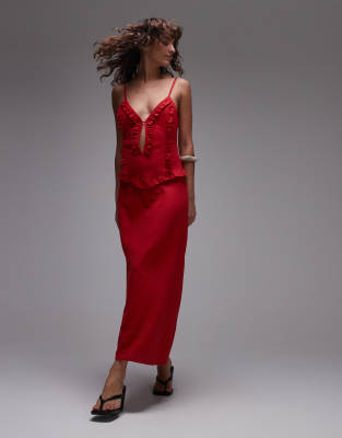 Laagam Tulipa Red Linen Mix Ruffle Midi Dress