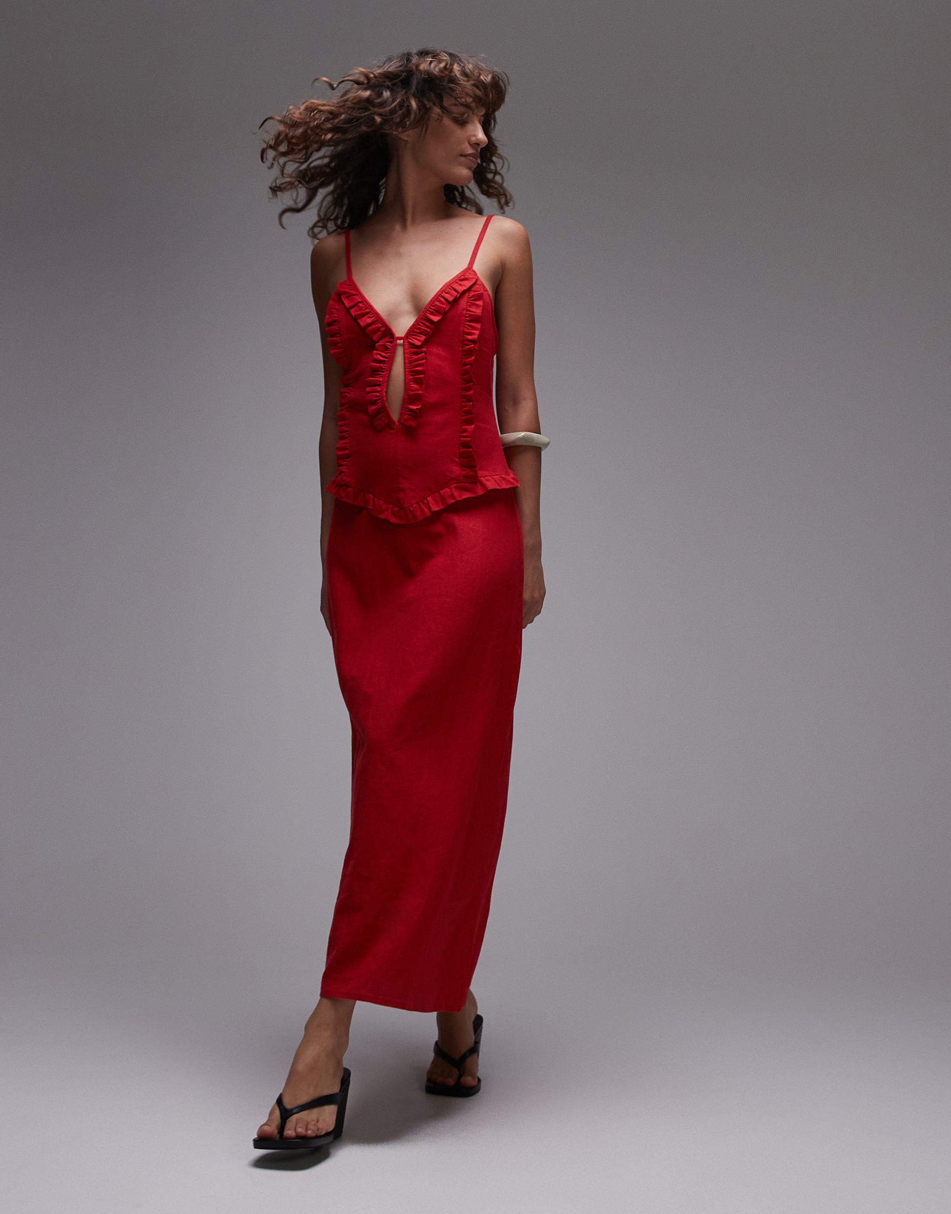 laagam tulipa red linen mix ruffle midi dress