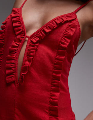 Laagam Tulipa Red Linen Mix Ruffle Midi Dress