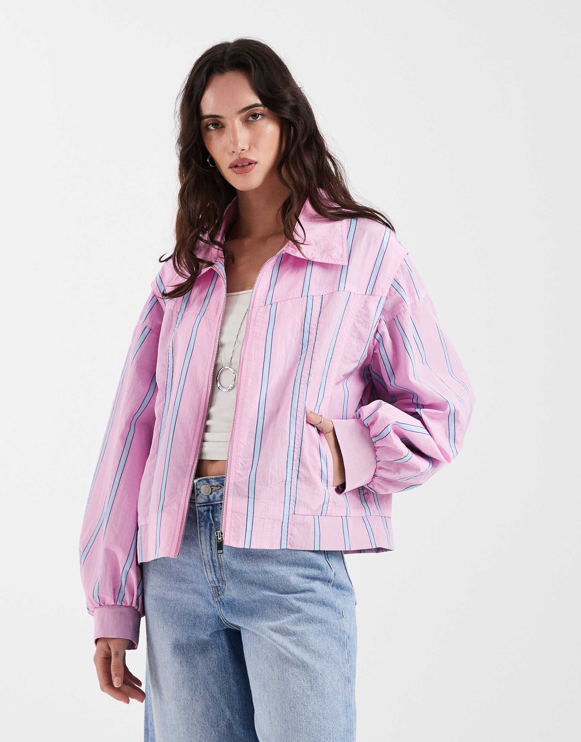 laagam watson striped bomber jacket in pink and blue