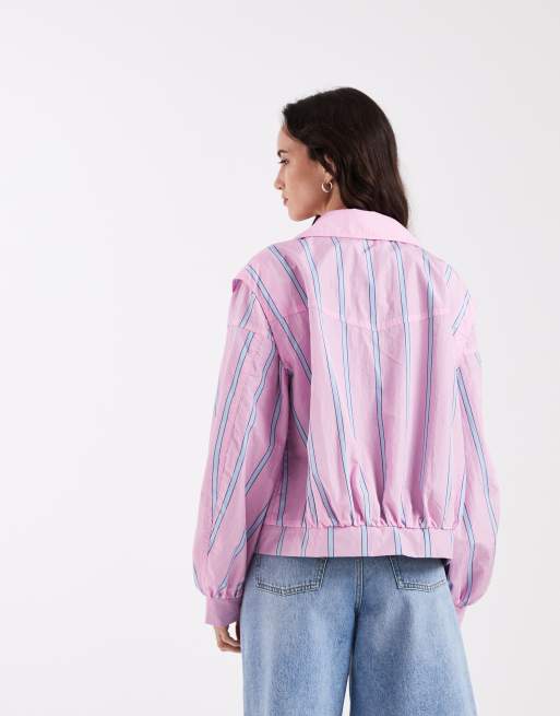 Laagam watson striped bomber jacket in pink blue stripe, 4 of 4