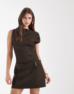 Zola - Kurzärmliges Minikleid in Braun mit Gürtel Braun S
