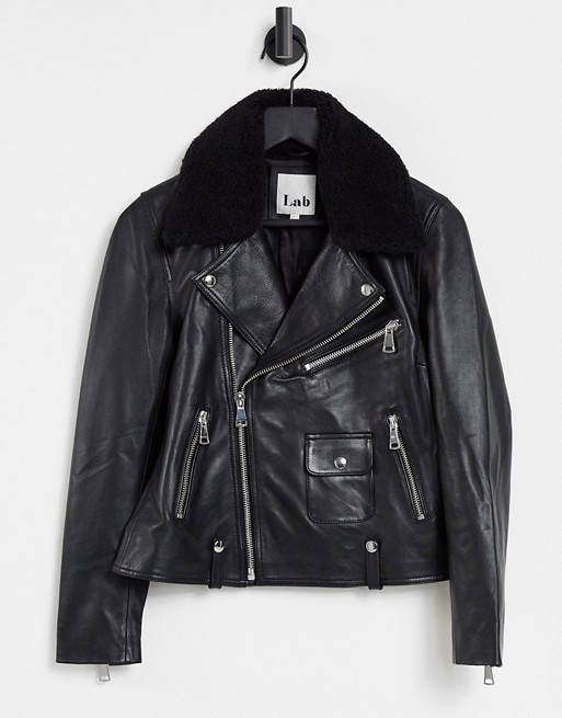 Lab Leather biker jacket with borg collar in black