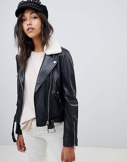 Lab Leather Biker Jacket with Detachable Faux Fur Collar | ASOS