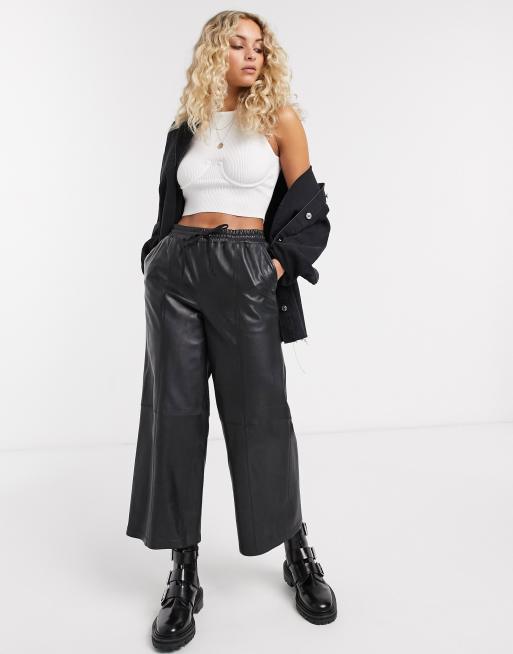 Cropped wide shop leg leather pants