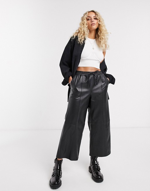 Lab Leather crop wide leg leather trousers in black
