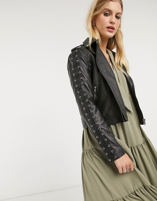 Lab Leather lace up sleeve detail biker jacket in black