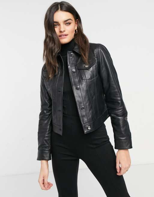 Black leather 2024 trucker jacket