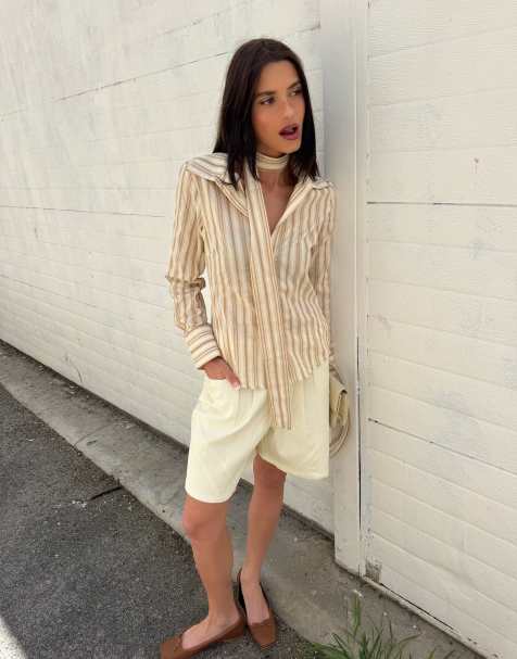 Labelrail x Barbara Ines fitted scarf detail striped shirt in taupe - view 1