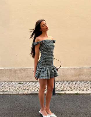 x Barbara Ines gingham check textured mini dress in aqua blue