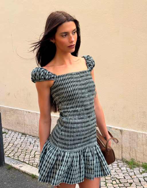 Labelrail x Barbara Ines gingham check textured mini dress in aqua blue, 2 of 4