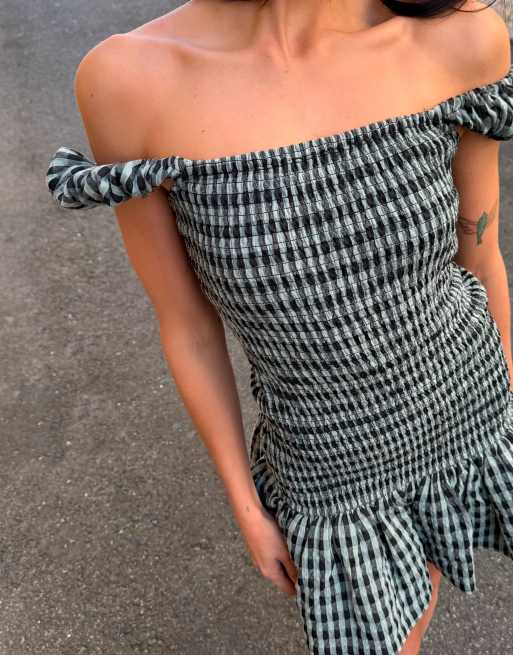 Labelrail x Barbara Ines gingham check textured mini dress in aqua blue, 4 of 4