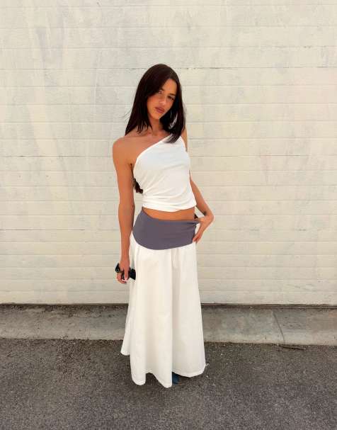 Labelrail x Barbara Ines jersey waistband midaxi skirt in white and grey - view 1