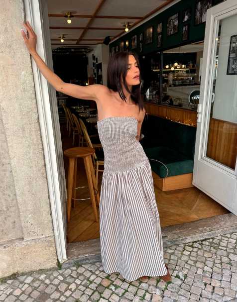 Labelrail x Barbara Ines shirred stripe midi dress in brown - view 1