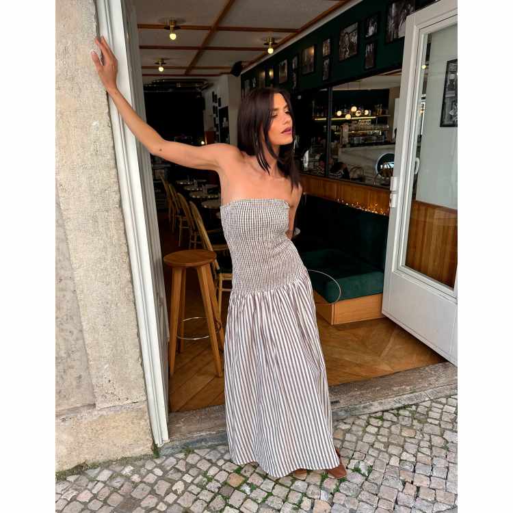 Labelrail x Barbara Ines shirred stripe midi dress in brown | ASOS