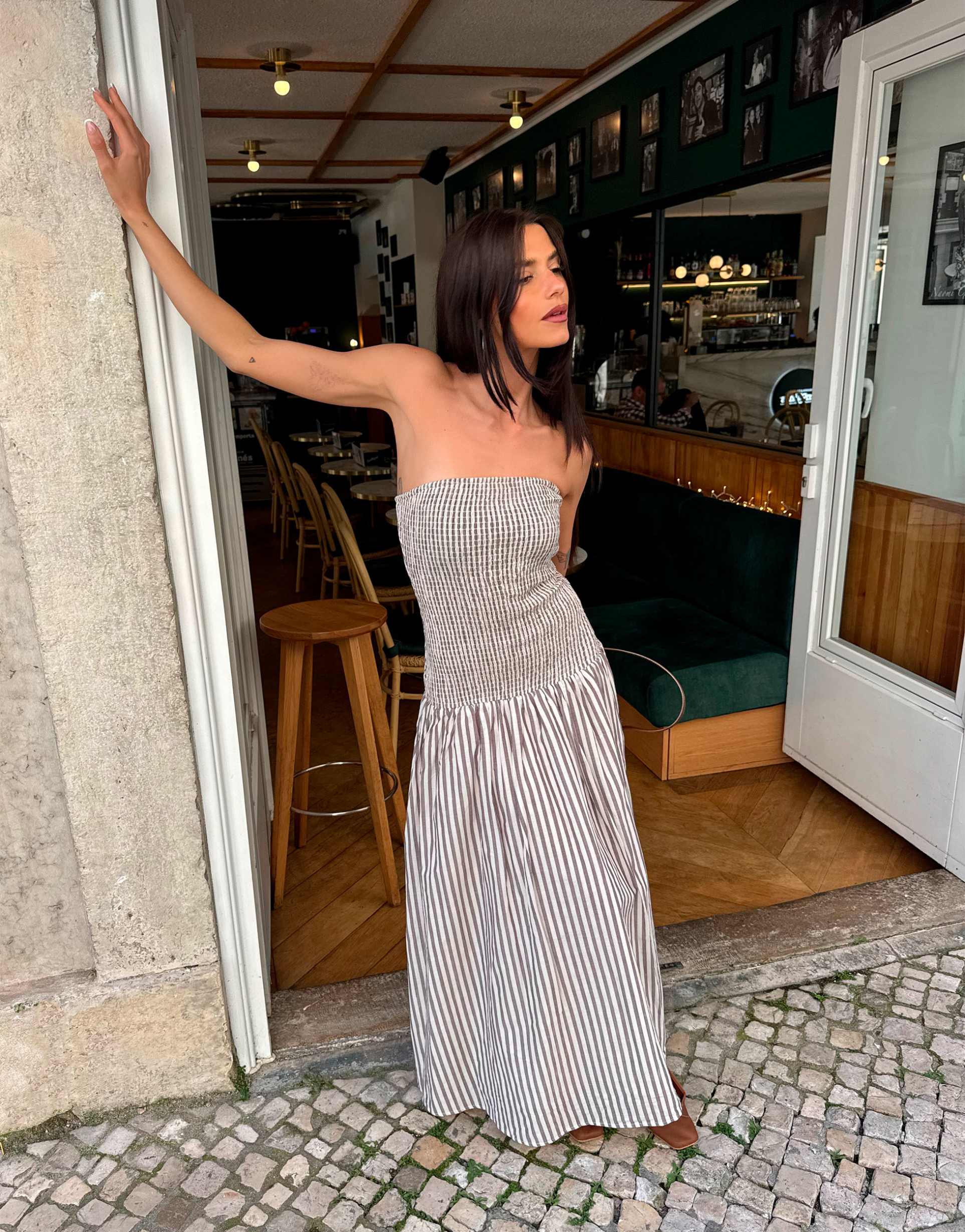 labelrail x barbara ines shirred stripe midi dress in brown