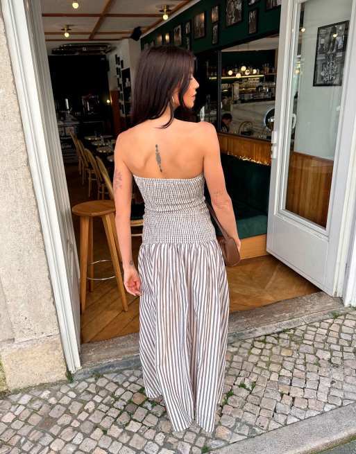 Labelrail x Barbara Ines shirred stripe midi dress in brown