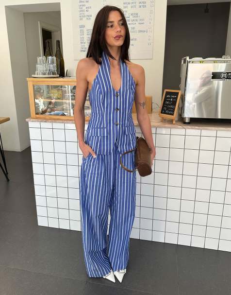 Labelrail x Barbara Ines stripe waistcoat co-ord top in blue