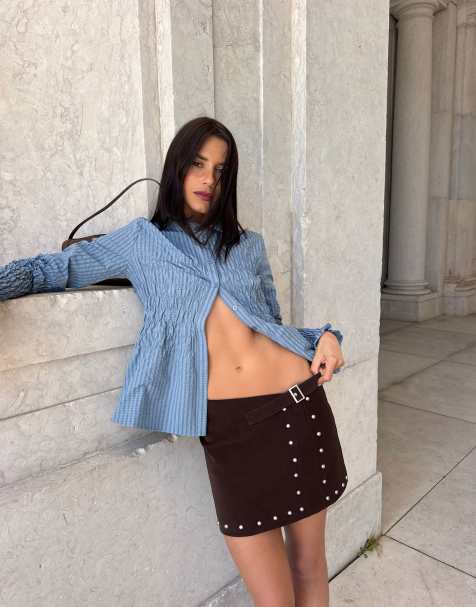 Labelrail x Barbara Ines studded faux leather wrap skirt in brown