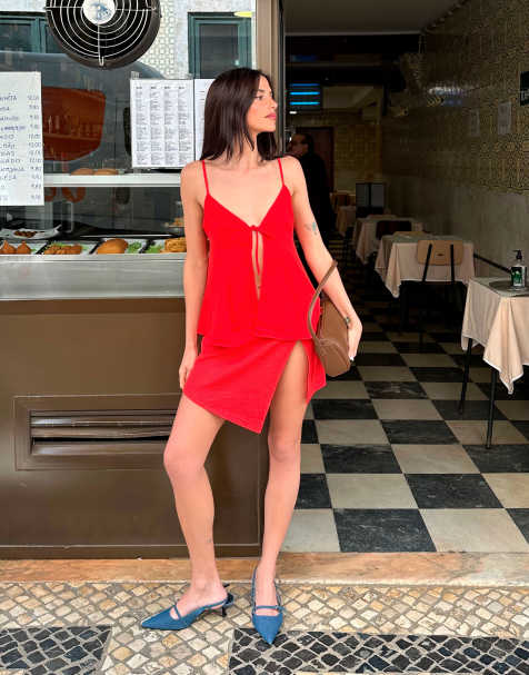 Labelrail x Barbara Ines waffle wrap mini skirt in bright red