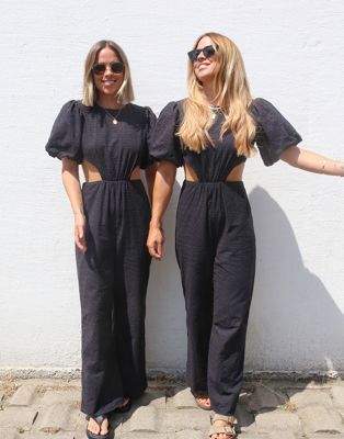 Labelrail x Collyer Twins broderie puff sleeve cut-out detail jumpsuit in black